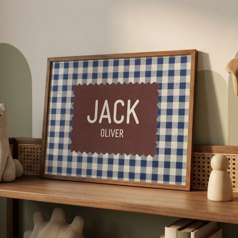 Personalized Gingham Name Sign, Custom Baby Name Print, Vintage Nursery Wall Art, Modern Kids Room Decor, Retro Playroom, Digital Download image 8