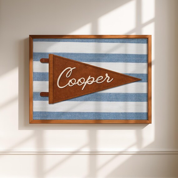 Custom Pennant Name Print, Vintage Striped Nursery Wall Art, Personalized Kids Decor, Neutral Kids Room Printable, Retro Name Sign Download