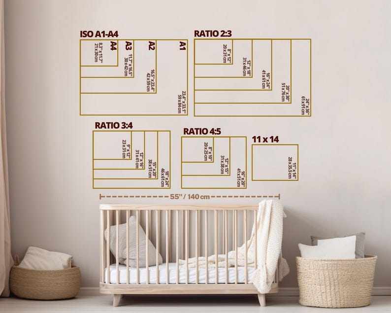 May include: A size guide chart for wall art prints featuring ISO A1-A4, 2:3, 3:4, 4:5, and 11x14 ratios with specific dimensions in inches and centimeters. The chart includes a 55-inch measurement line and is displayed above a wooden crib.
