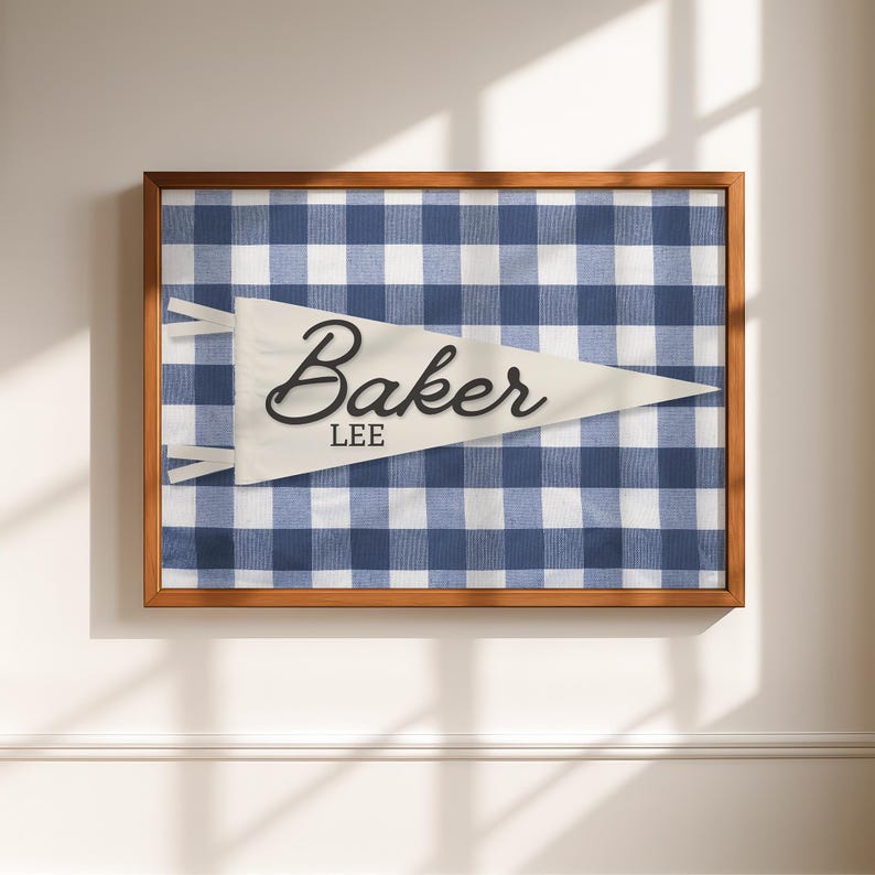 May include: A framed wall art piece featuring a white triangular pennant with the text Baker LEE in black script and block lettering. The pennant is displayed against a blue and white checkered fabric background within a wooden frame.