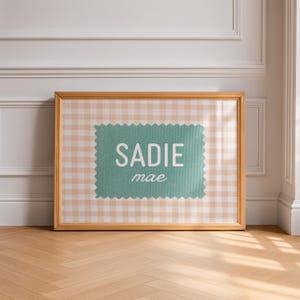 Personalized Gingham Name Sign, Custom Baby Name Print, Vintage Nursery Wall Art, Modern Kids Room Decor, Retro Playroom, Digital Download image 7