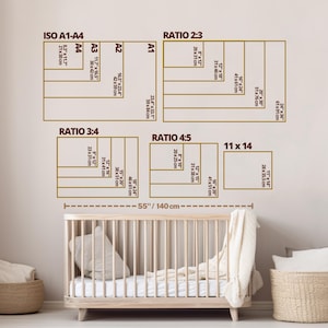 May include: A size guide chart for wall art prints featuring ISO A1-A4, 2:3, 3:4, 4:5, and 11x14 ratios with specific dimensions in inches and centimeters. The chart includes a 55-inch measurement line and is displayed above a wooden crib.