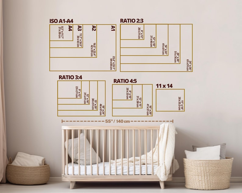 May include: A size guide chart for wall art prints featuring ISO A1-A4, 2:3, 3:4, 4:5, and 11x14 ratios with specific dimensions in inches and centimeters. The chart includes a 55-inch measurement line and is displayed above a wooden crib.