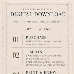 May include: A beige digital download instruction card with a frayed fabric border. The text reads: Noble Made DesignCo, THIS LISTING IS FOR A DIGITAL DOWNLOAD, NOTHING PHYSICAL WILL BE SHIPPED, HOW IT WORKS: 01 PURCHASE, 02 TIMELINE, 03 PRINT & ENJOY.