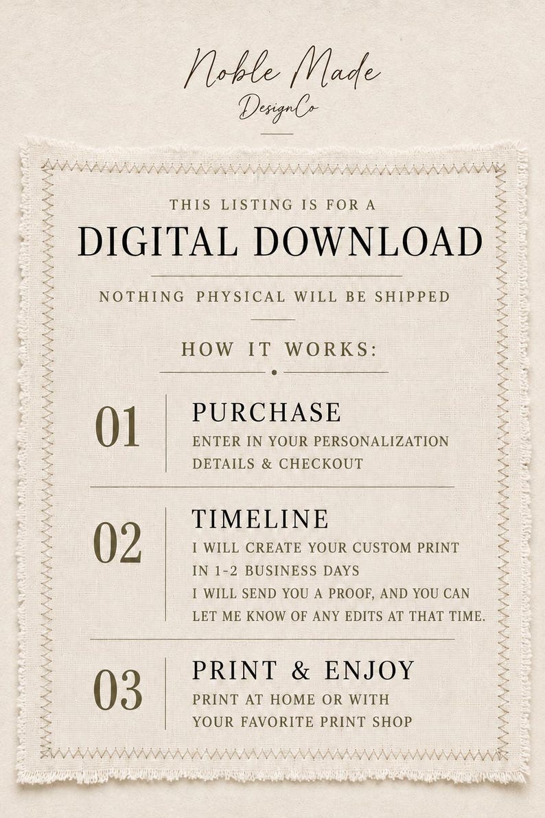 May include: A beige digital download instruction card with a frayed fabric border. The text reads: Noble Made DesignCo, THIS LISTING IS FOR A DIGITAL DOWNLOAD, NOTHING PHYSICAL WILL BE SHIPPED, HOW IT WORKS: 01 PURCHASE, 02 TIMELINE, 03 PRINT & ENJOY.