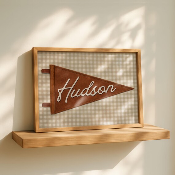 Custom Pennant Name Print, Vintage Gingham Nursery Wall Art, Personalized Kids Decor, Neutral Kids Room Printable, Retro Name Sign Download