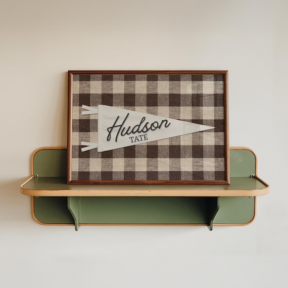 Personalized Pennant Name Sign, Custom Baby Name Print, Vintage Nursery Wall Art, Gingham Kids Room Decor, Retro Playroom, Digital Download