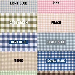 May include: A grid of ten fabric swatches featuring a gingham pattern in various colors. The text Gingham Options appears at the top. Each swatch is labeled with its color: Light Blue, Pink, Dark Green, Peach, Dark Blue, Slate Blue, Beige, Royal Blue, Light Green, and Espresso.