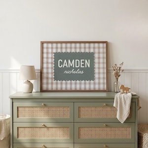 Personalized Gingham Name Sign, Custom Baby Name Print, Vintage Nursery Wall Art, Modern Kids Room Decor, Retro Playroom, Digital Download image 6