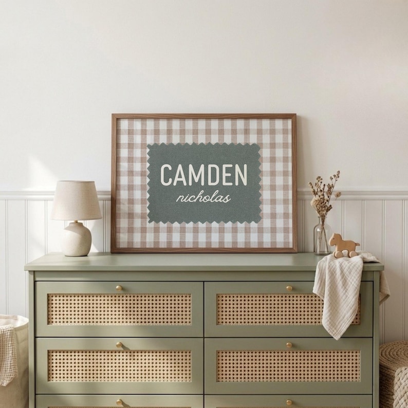 Personalized Gingham Name Sign, Custom Baby Name Print, Vintage Nursery Wall Art, Modern Kids Room Decor, Retro Playroom, Digital Download image 6