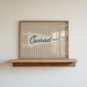 May include: A framed wall art piece featuring a white triangular pennant with two white ties on the left side. The pennant displays the text Conrad in a large black script font and the word HAYES in a smaller black sans-serif font on a beige gingham background.