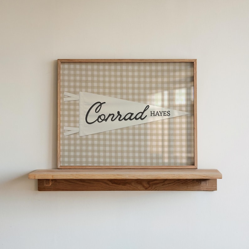 May include: A framed wall art piece featuring a white triangular pennant with two white ties on the left side. The pennant displays the text Conrad in a large black script font and the word HAYES in a smaller black sans-serif font on a beige gingham background.