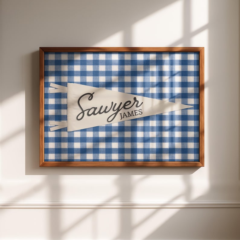 Personalized Pennant Name Sign, Custom Baby Name Print, Vintage Nursery Wall Art, Gingham Kids Room Decor, Retro Playroom, Digital Download image 5