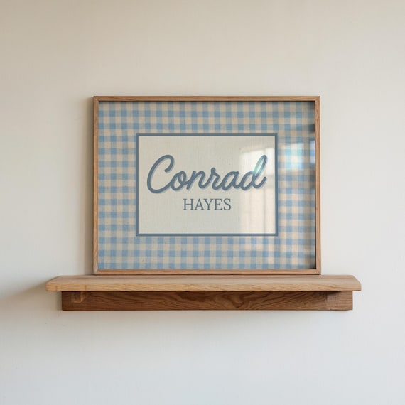 Personalized Gingham Name Sign, Custom Cottagecore Nursery Wall Art, Vintage Boys Room Decor, Blue Boys Room Art Printable, Digital Download