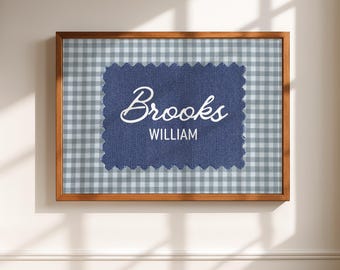 Personalized Gingham Name Sign, Custom Baby Name Print, Vintage Nursery Wall Art, Modern Kids Room Decor, Retro Playroom, Digital Download