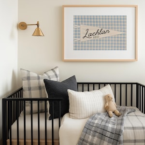 Personalized Pennant Name Sign, Custom Baby Name Print, Vintage Nursery Wall Art, Gingham Kids Room Decor, Retro Playroom, Digital Download image 4
