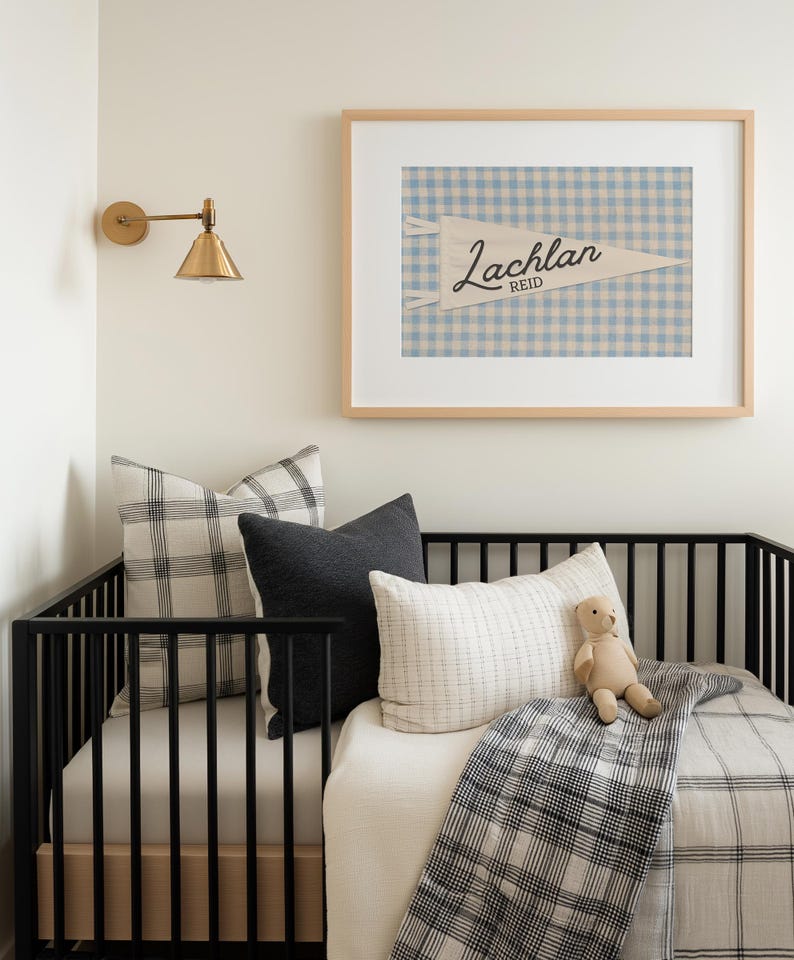 Personalized Pennant Name Sign, Custom Baby Name Print, Vintage Nursery Wall Art, Gingham Kids Room Decor, Retro Playroom, Digital Download image 4