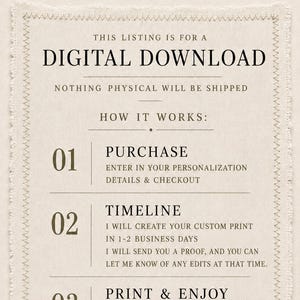 May include: A beige digital download instruction card with a frayed fabric border. The text reads: Noble Made DesignCo, THIS LISTING IS FOR A DIGITAL DOWNLOAD, NOTHING PHYSICAL WILL BE SHIPPED, HOW IT WORKS: 01 PURCHASE, 02 TIMELINE, 03 PRINT & ENJOY.