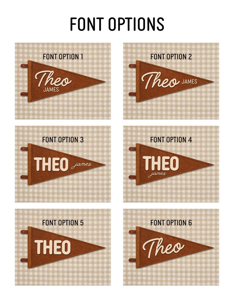 May include: A display of six pennant designs with the text "FONT OPTIONS" at the top. Each pennant is brown with a white name. The names are "Theo" and "James" in various font styles. The background is a light brown checkered pattern.