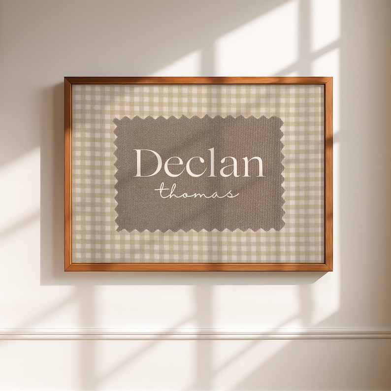 Personalized Gingham Name Sign, Custom Baby Name Print, Vintage Nursery Wall Art, Modern Kids Room Decor, Retro Playroom, Digital Download image 4