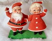 Santa & Mrs. Claus Flocked Christmas Decoration Vintage Red Green White Plastic Figurines 1960's