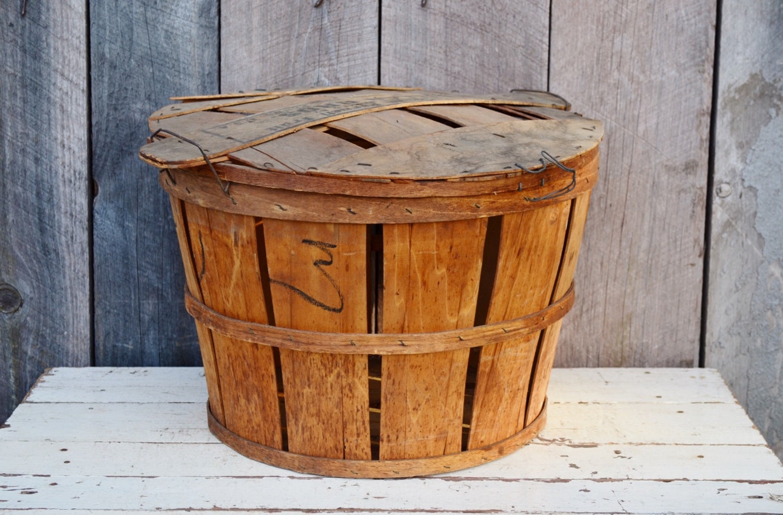 Vintage Orchard Bushel Basket with Lid Advertising Weathered Etsy