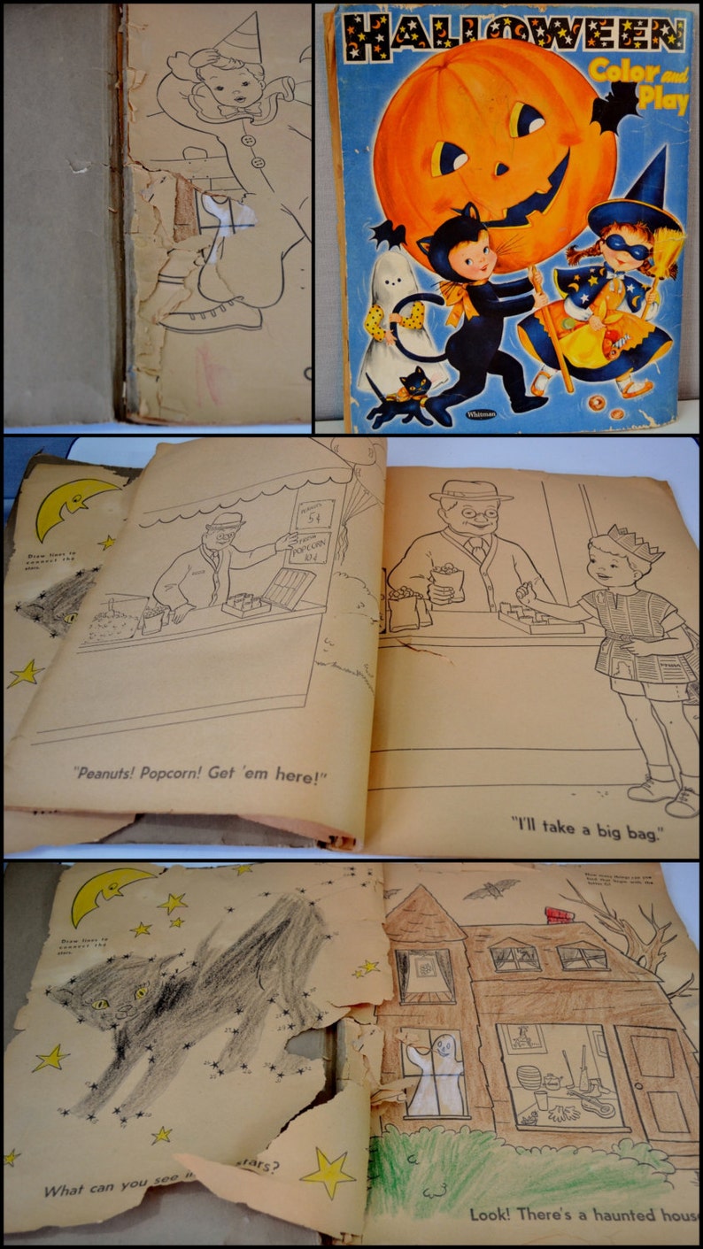 Vintage Halloween Coloring Book Jack O Lantern Black Cat Bat Etsy