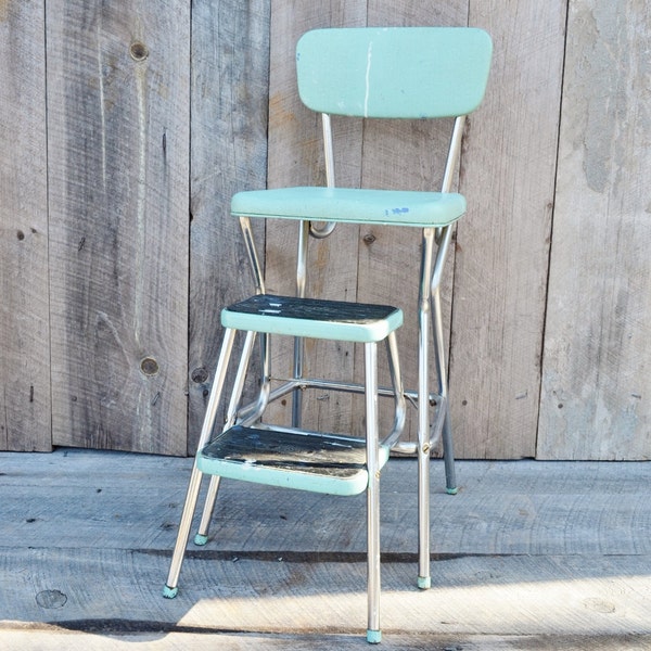 Aqua Cosco Step Stool Chair Vintage Kitchen Stool Fold Out Steps Mid Century Light Blue Turquoise Chrome Vinyl 1950's