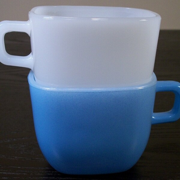 Square Milkglass Mugs Blue White Vintage Glasbake Lipton Soup Promotional 1950's 1960's Mint Condition Mid Century Mad Men