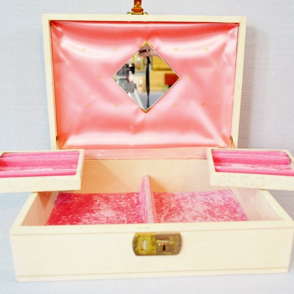 Bijoux Vintage crème & Rose boîte dépliante plateaux velours rose miroir or garniture des mères l'obtention du diplôme de la jeune fille des femmes