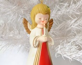 Angel Ornament Vintage Christmas Decoration Musical Lights Up Candle Red White Gold Blonde Carolites Califax 1980's