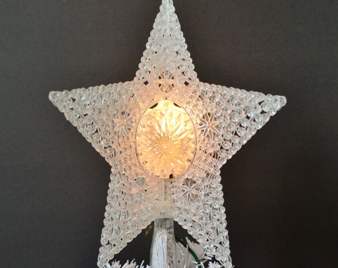 Vintage Light up Christmas Tree Topper White Crystal Filigree Star of
