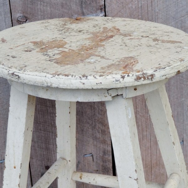 Vintage White Wooden Stool Farmhouse Kitchen Shabby Chippy Paint Handmade Primitive Rustic