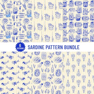 May include: A digital pattern bundle featuring six distinct designs with blue line art illustrations of sardines, seafood, and fishing motifs on a light beige striped background. The text 6 DESIGNS SARDINE PATTERN BUNDLE is centered.