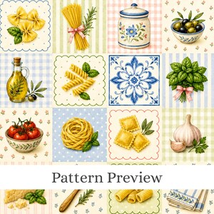 Puede incluir: Un patrón de tela que presenta una cuadrícula de ilustraciones culinarias que incluyen farfalle, espaguetis, un tarro de cerámica, aceitunas, aceite de oliva, rotini, motivos de azulejos azules, albahaca, tomates, fettuccine, raviolis, ajo, queso y un paño de cocina a rayas.
