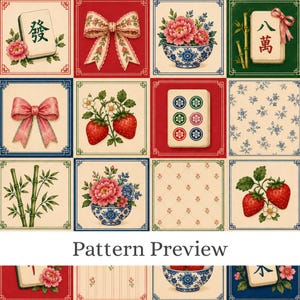 Può includere: Un motivo in tessuto con una griglia di quadrati che illustra tessere del mahjong, fiocchi rosa, fragole, steli di bambù e composizioni floreali in ciotole blu e bianche. Il design include piccole stampe floreali e il testo Pattern Preview.