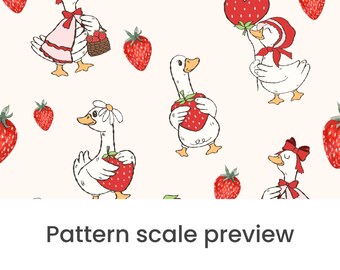 Goose Strawberry Seamless Pattern, Farm Animal Repeat, Whimsical Fruit Fabric Design, Digital Download