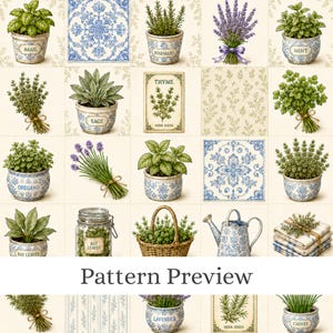 May include: A grid pattern featuring illustrations of potted herbs including basil, rosemary, mint, sage, oregano, and chives, alongside blue and white floral tiles, a glass jar of bay leaves, a wicker basket, a watering can, and folded linens.