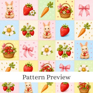 Op de afbeelding: Een herhalend rasterpatroon met illustraties van konijntjes die aardbeien vasthouden, losse aardbeien, wortels, mandjes gevuld met aardbeien en roze strikken op pastelkleurige achtergronden. De tekst Pattern Preview staat gecentreerd onderaan.