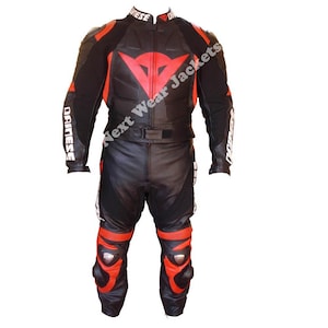 Black & Red Leather Motorcycle Racing Suit: Full Body Biker Armor