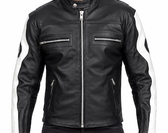 May include: A black leather jacket featuring a stand-up collar with a snap button, a full-length silver front zipper, two horizontal zippered chest pockets, and two lower zippered pockets. The sleeves have prominent white side panels.