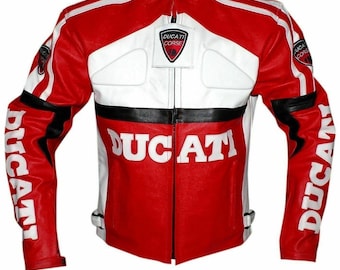 May include: A red, white, and black leather motorcycle jacket with the word "DUCATI" in large white letters across the chest. The jacket has white stripes on the shoulders and sleeves, and the Ducati Corse logo.