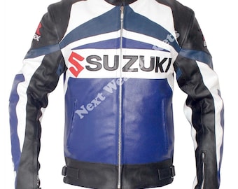 May include: A blue, white, and black leather motorcycle jacket with the "SUZUKI" logo across the chest. The jacket has a stand-up collar, zippered pockets, and a black waist band. The sleeves have white stripes.