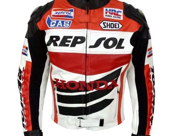 Men’s Repsol Honda Inspired Motorcycle Racing Leather Jacket – Red White Biker Moto Jacket Streetwear