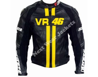 Schwarze Leder Motorrad-Rennjacke mit gelbem Streifen - Herrenschutzjacke