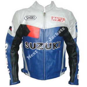 Chaqueta de cuero Suzuki Racing: chaqueta de motociclista azul y blanca con parches Motul y Shoei. Equipamiento deportivo para hombre, chaqueta de motociclista de alta gama.