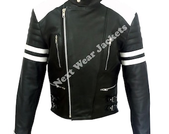Handmade Men’s Leather Biker Jacket – Black Cafe Racer Style with White Stripes