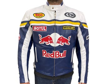 May include: A blue, white, and yellow leather racing jacket with multiple sponsor logos, including "Red Bull," "Bell Helmets," and "Michelin." The jacket has a zip-up front and a stand-up collar. The sleeves have white stripes.