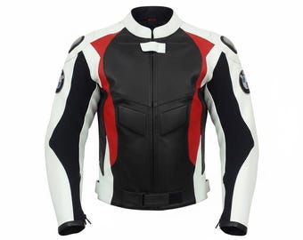 Luxury Men’s Biker Leather Jacket – Black White Red Racing Style | Slim Fit Motorcycle Jacket