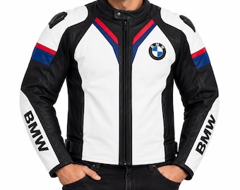 May include: A black and white leather motorcycle jacket featuring the BMW logo on the chest, red and blue racing stripes on the shoulders, and the word BMW printed in black on the white sleeves. The jacket has a stand-up collar and a front zipper.